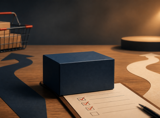 Unbranded product beside a customer checklist with paths toward a shopping basket and a stage