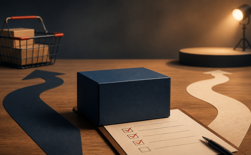 Unbranded product beside a customer checklist with paths toward a shopping basket and a stage