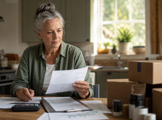 Woman reviewing recurring product shipments, business paperwork, and her budget