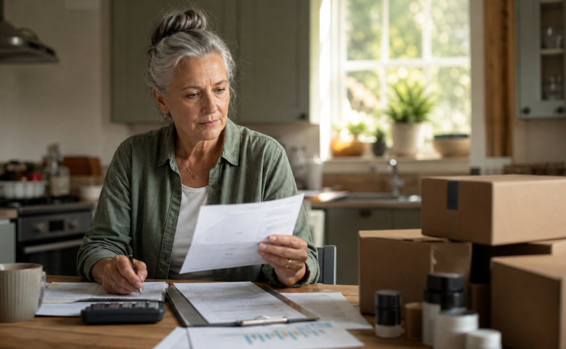Woman reviewing recurring product shipments, business paperwork, and her budget