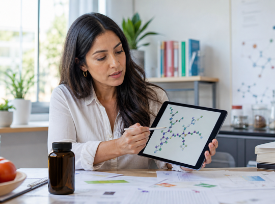 Health-science educator reviewing glycan research beside an unbranded dietary supplement