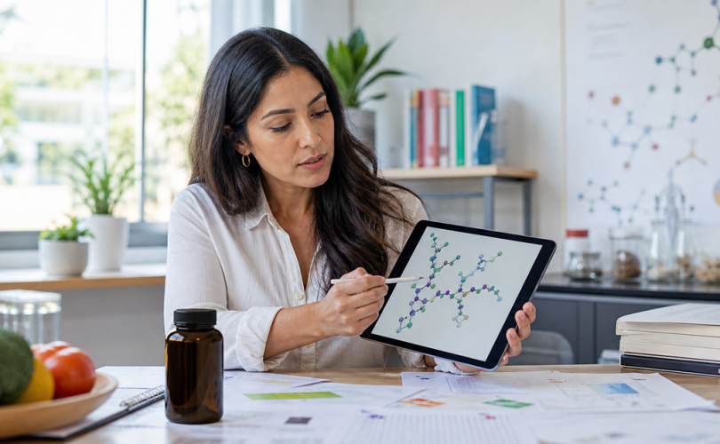 Health-science educator reviewing glycan research beside an unbranded dietary supplement