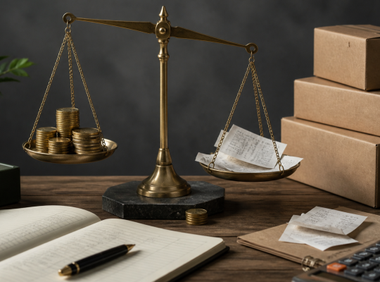 Balance scale comparing incoming coins with receipts and operating costs on a business desk