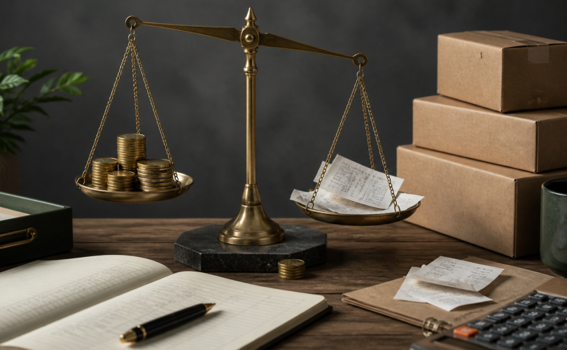Balance scale comparing incoming coins with receipts and operating costs on a business desk