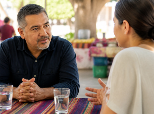 Business mentor listening to a prospective customer across a table with two glasses of water