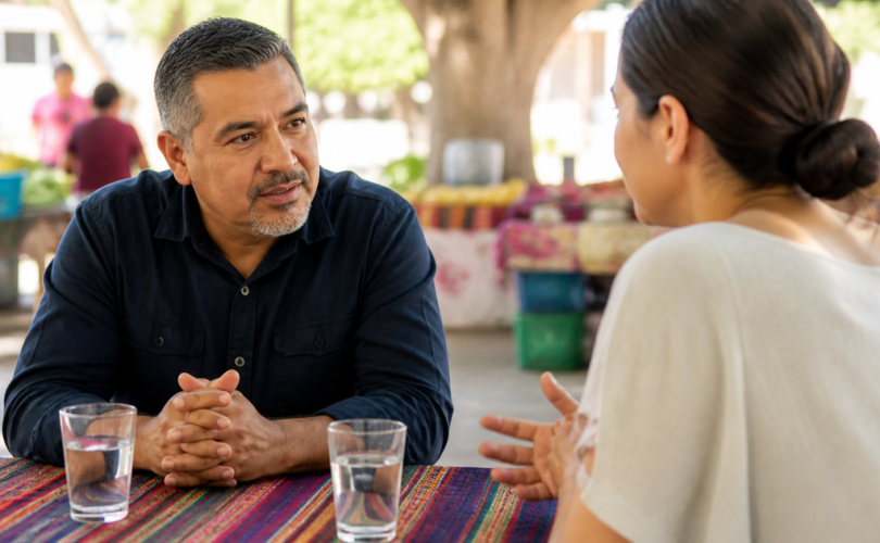 Business mentor listening to a prospective customer across a table with two glasses of water