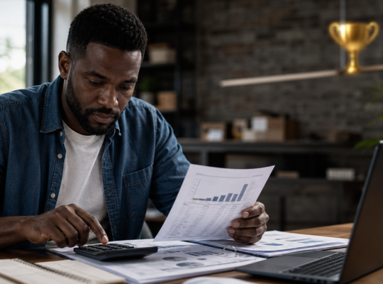 Business owner calculating real customer results while ignoring a rank trophy