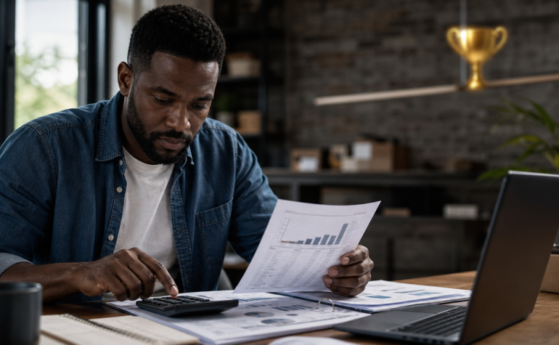 Business owner calculating real customer results while ignoring a rank trophy