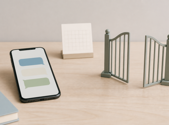 Phone with message bubbles beside a calendar and an open gate