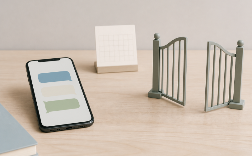 Phone with message bubbles beside a calendar and an open gate