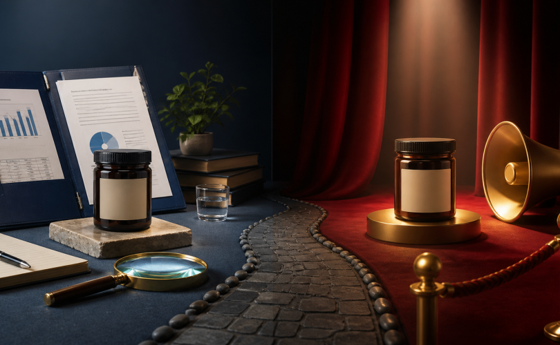 Evidence-based product education contrasted with a theatrical product pitch and megaphone