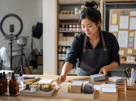 Business owner organizing products and customer follow-up while a ring light sits unused