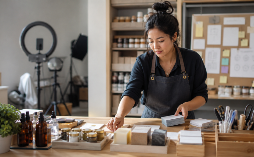 Business owner organizing products and customer follow-up while a ring light sits unused