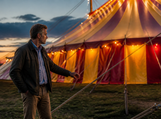 Business owner inspecting the structure of a brightly lit circus tent before entering