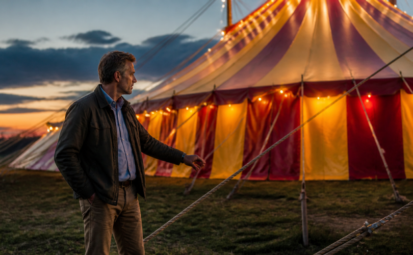 Business owner inspecting the structure of a brightly lit circus tent before entering