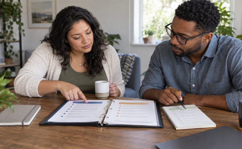 Two teammates compare an official binder with an informal checklist at a table.
