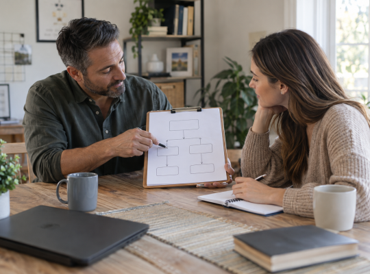 Two teammates review a blank decision-path flowchart at a home office table.