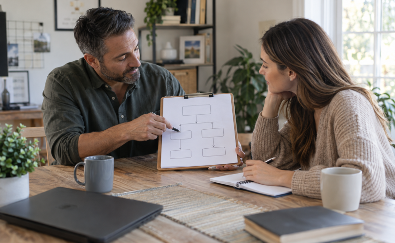 Two teammates review a blank decision-path flowchart at a home office table.