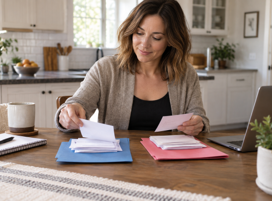 Business owner sorts customer notes into separate service and sales folders.