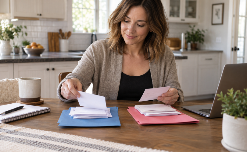 Business owner sorts customer notes into separate service and sales folders.