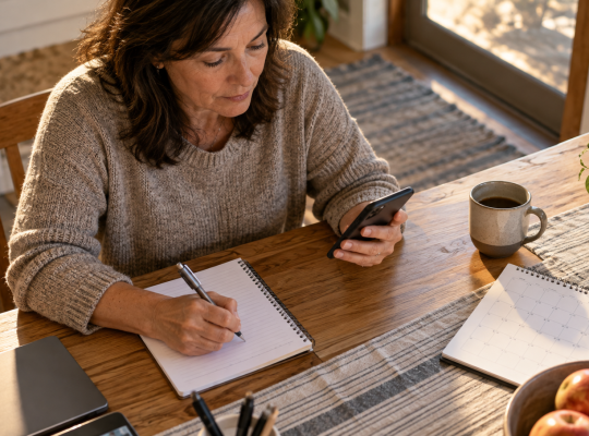 Business owner records a phone commitment beside a calendar at a kitchen table.