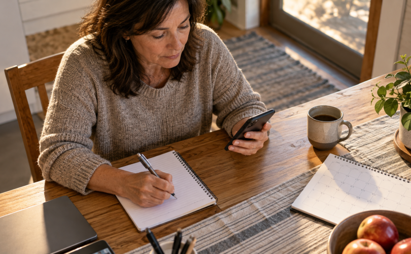 Business owner records a phone commitment beside a calendar at a kitchen table.