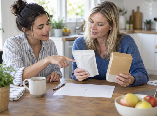 Customer and product educator compare two unbranded products at a kitchen table.