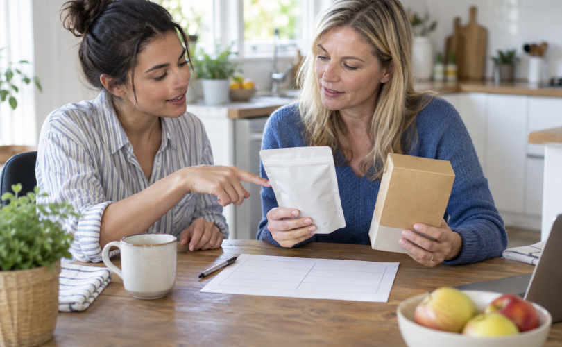 Customer and product educator compare two unbranded products at a kitchen table.
