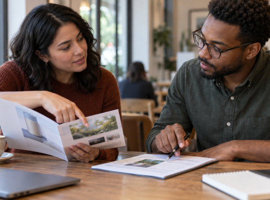 Two teammates compare a product brochure with a source document during a calm conversation.