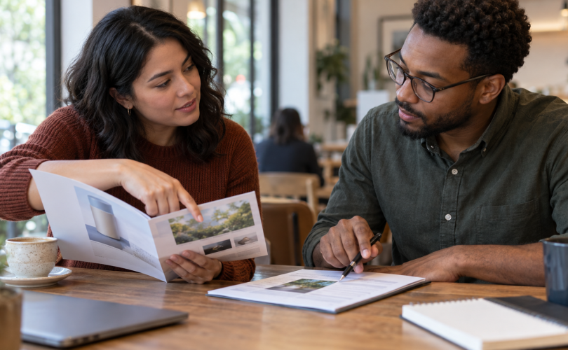 Two teammates compare a product brochure with a source document during a calm conversation.