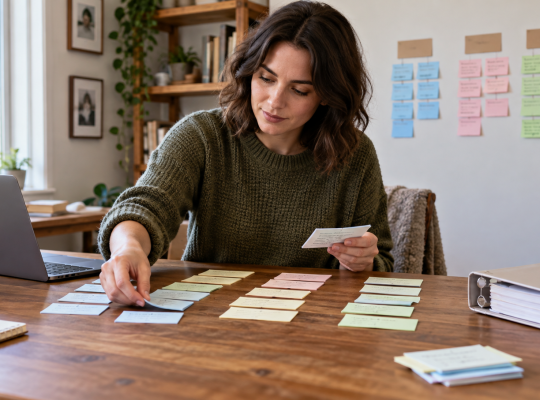 Business owner sorts customer question cards into groups beside a laptop and binder.