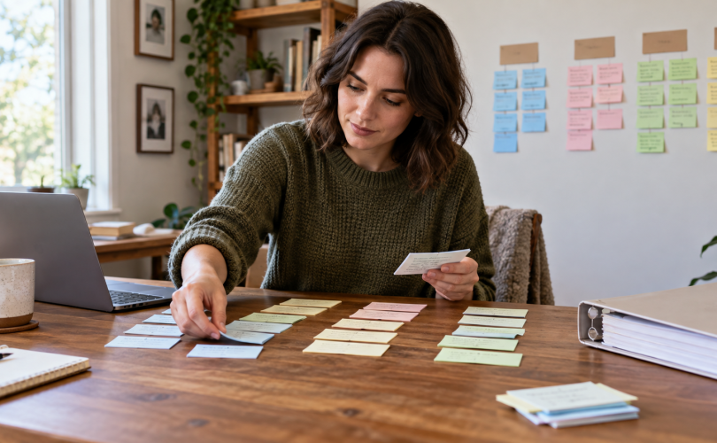 Business owner sorts customer question cards into groups beside a laptop and binder.