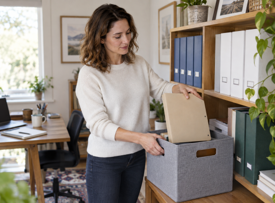Business trainer moves an outdated training folder into an archive box.
