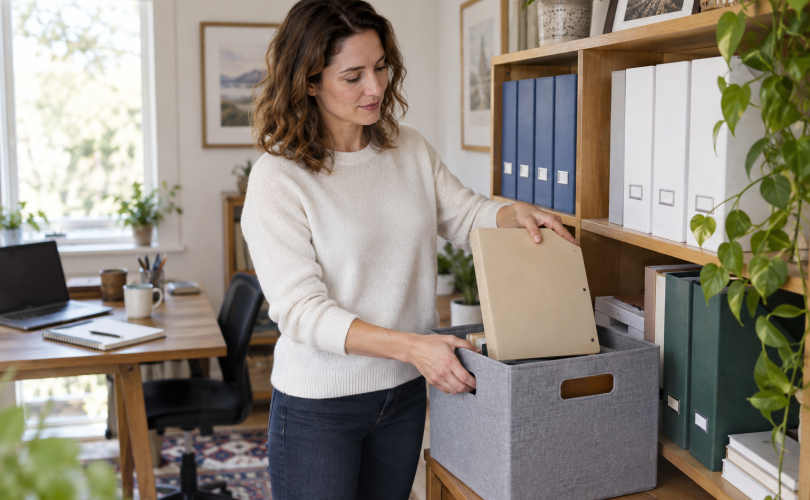 Business trainer moves an outdated training folder into an archive box.