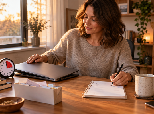 Home-based business owner closes a laptop and finishes a weekly checklist beside a timer.