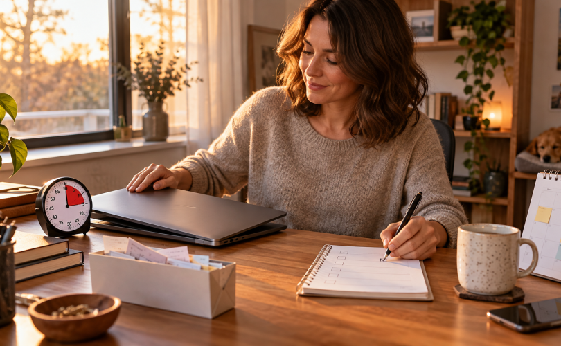 Home-based business owner closes a laptop and finishes a weekly checklist beside a timer.