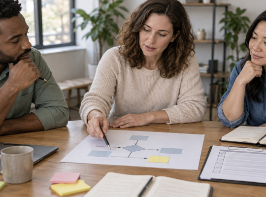 Three teammates review a flowchart and a separate exception note at a meeting table.