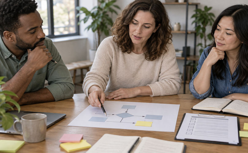 Three teammates review a flowchart and a separate exception note at a meeting table.