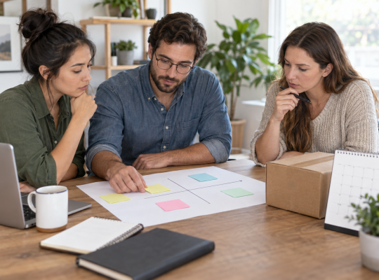 Three teammates review a blank promotion risk map before launch.