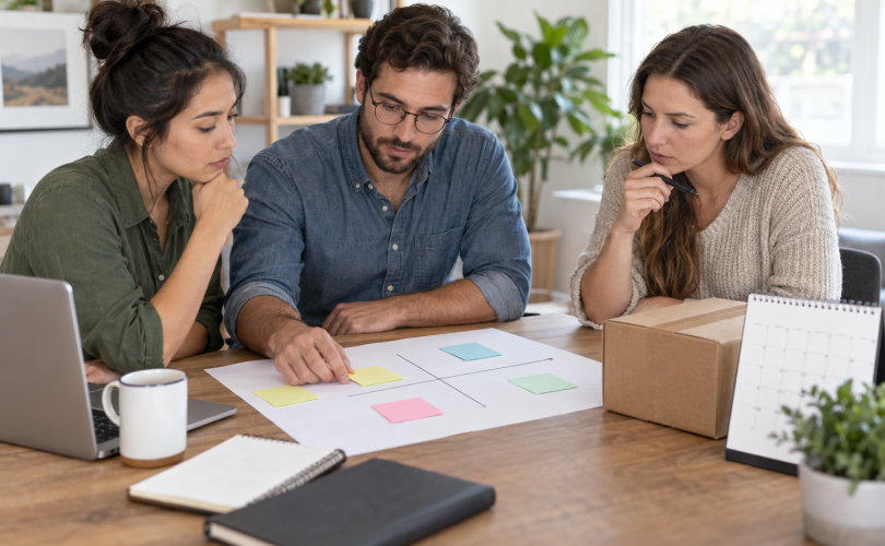 Three teammates review a blank promotion risk map before launch.
