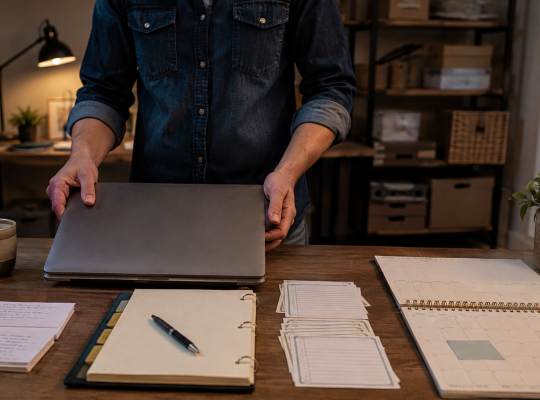Business owner closing a laptop beside reusable records and process materials