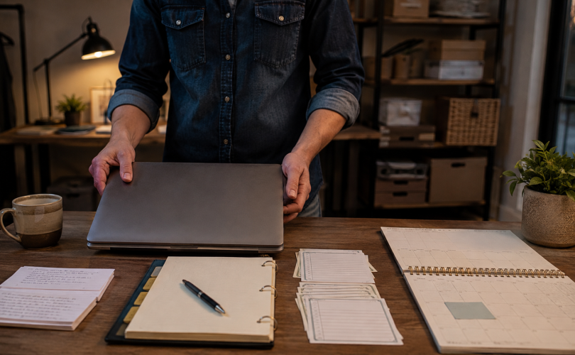 Business owner closing a laptop beside reusable records and process materials