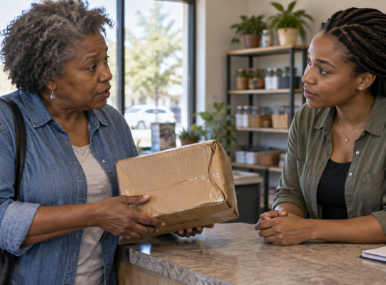 Customer shows a dented delivery box while a seller listens at a counter.