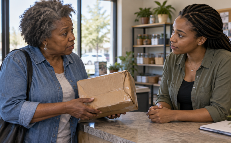 Customer shows a dented delivery box while a seller listens at a counter.