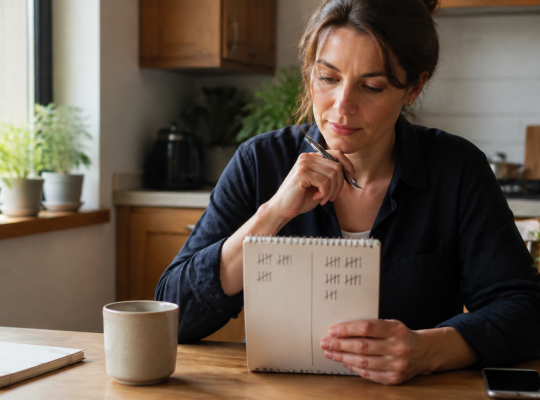 Small business owner comparing first-time and repeat customer tally marks