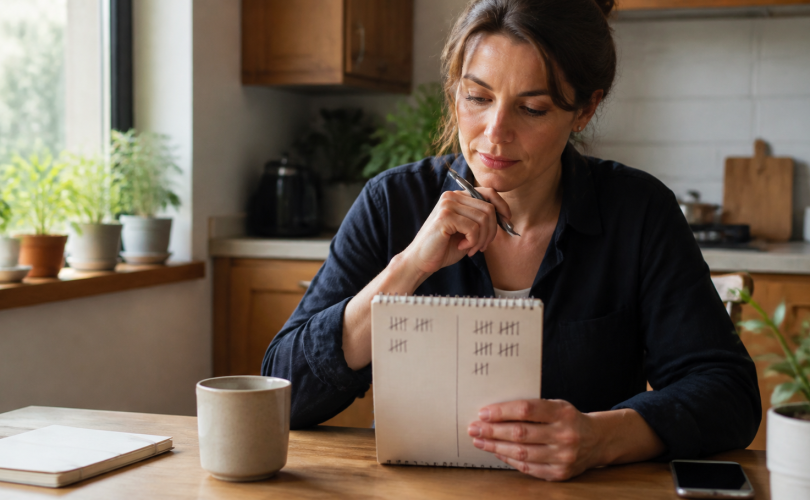 Small business owner comparing first-time and repeat customer tally marks