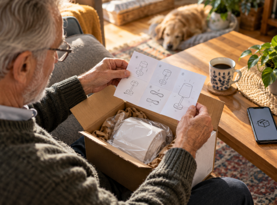 Customer reads an instruction leaflet beside an opened delivery box and phone.