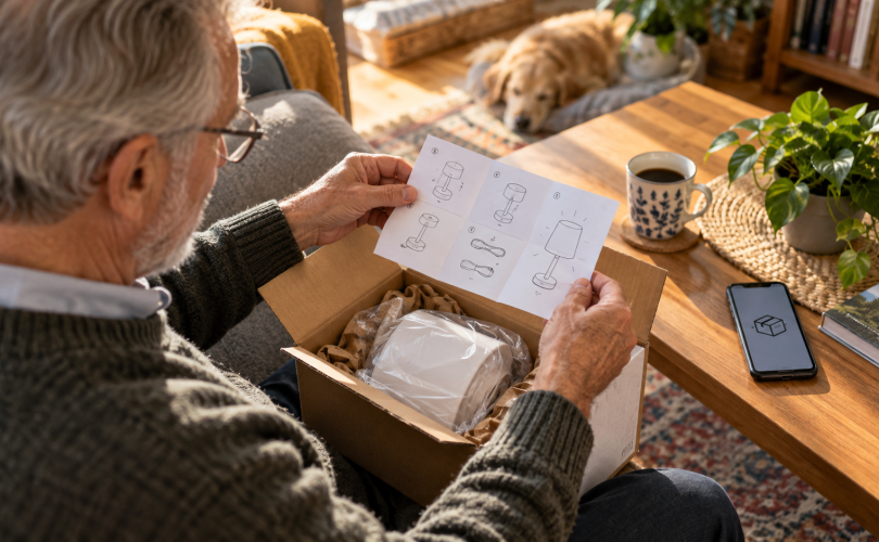 Customer reads an instruction leaflet beside an opened delivery box and phone.