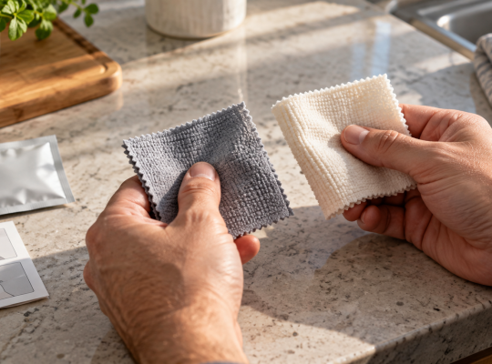 Hands compare two small fabric samples beside a packet and instruction card.