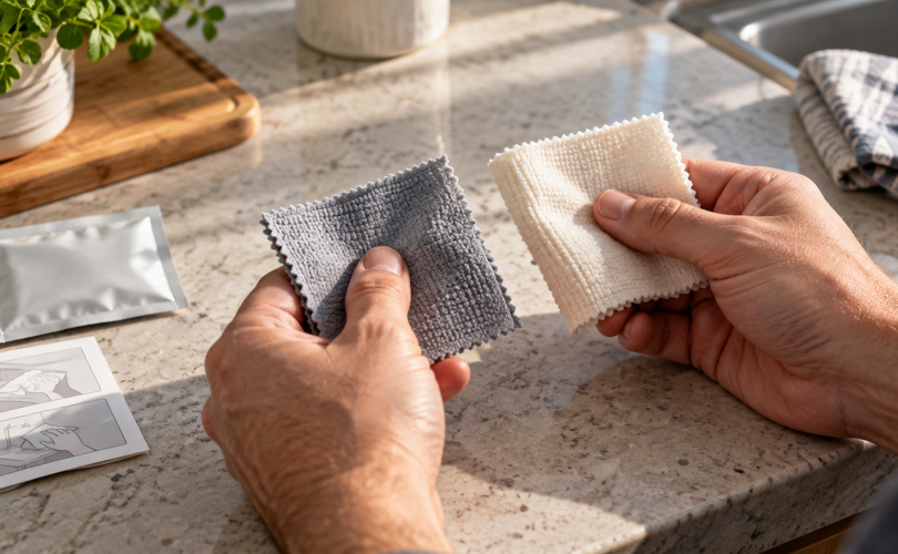 Hands compare two small fabric samples beside a packet and instruction card.